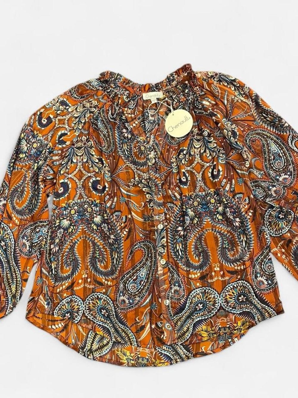 NWT Chenault orange paisley blouse gold shimmer accent, button up size small